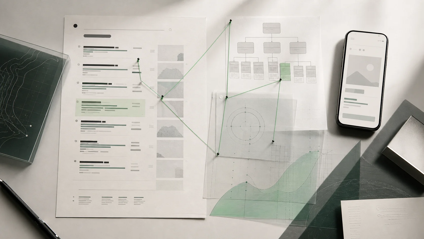 Abstract audit materials showing search evidence, website architecture and measurement layers