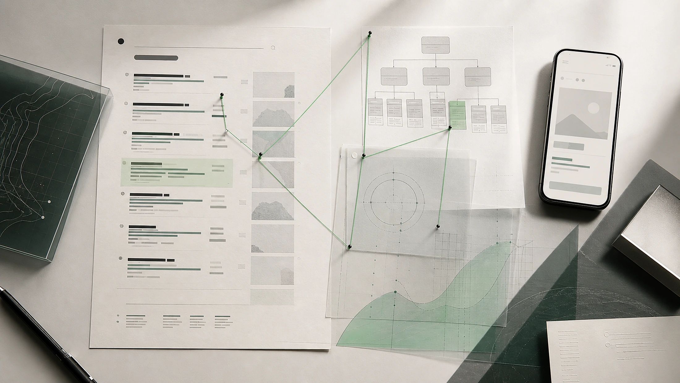 Abstract audit materials showing search evidence, website architecture and measurement layers